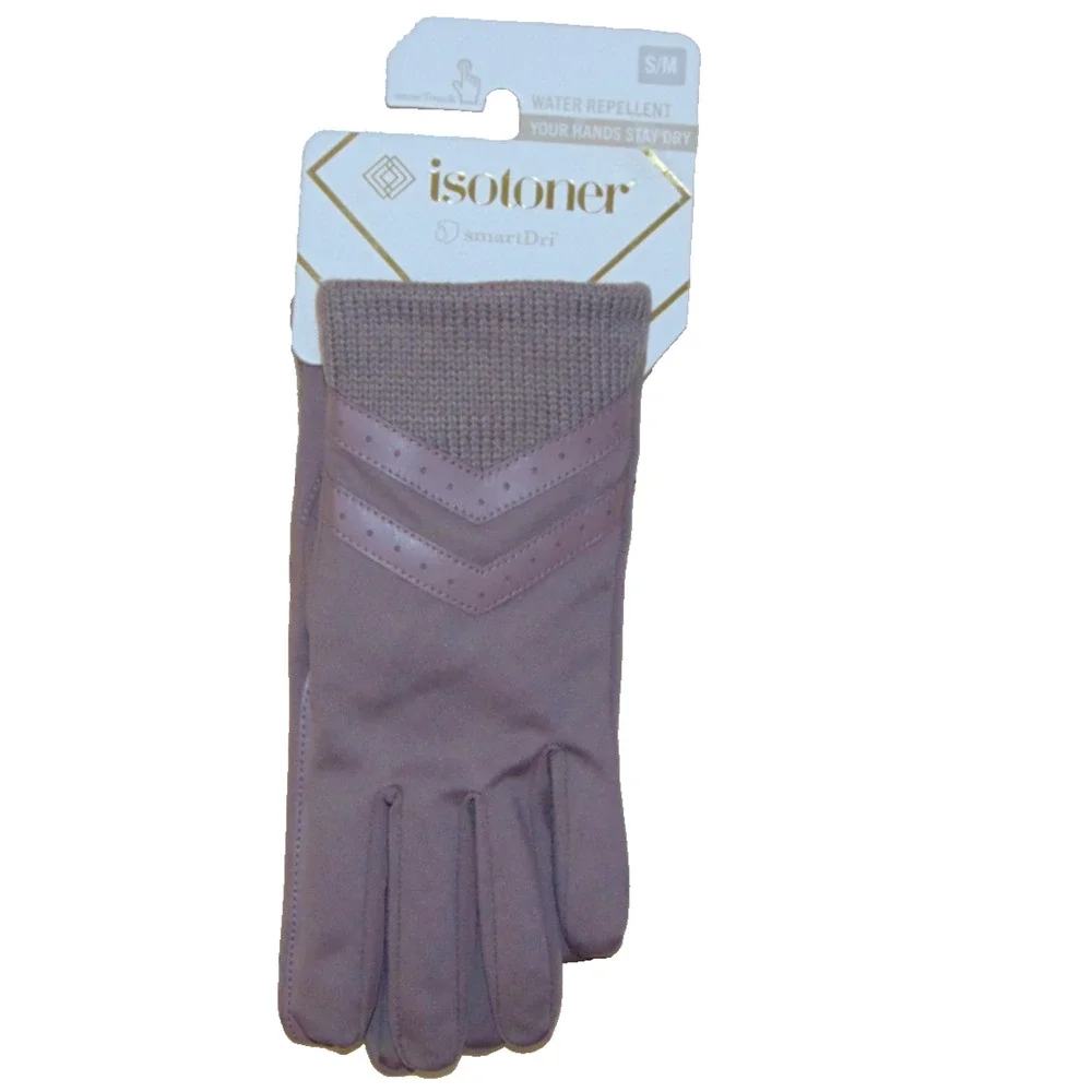 Isotoner Womens smartDRI Spandex Gloves Rib Knit Cuff Deep Taupe S/M NWT